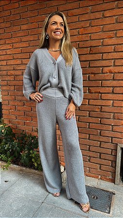 CONJUNTO TRICOT OVER SIZE CALÇA E CASAQUITO CINZA