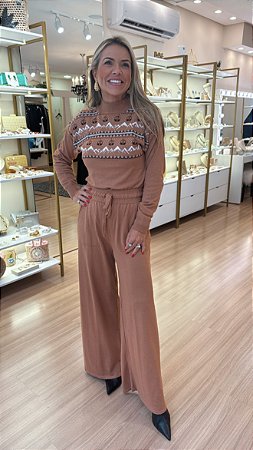 CONJUNTO TRICOT CALÇA/BLUSA ESTAMPADA NUDE