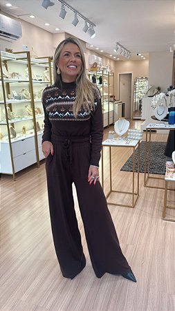 CONJUNTO TRICOT CALÇA/BLUSA ESTAMPADA MARROM