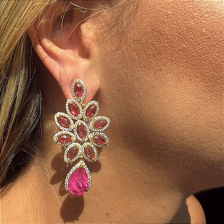 BRINCO TELA ZIRCONIA GOTA PENDULO PINK