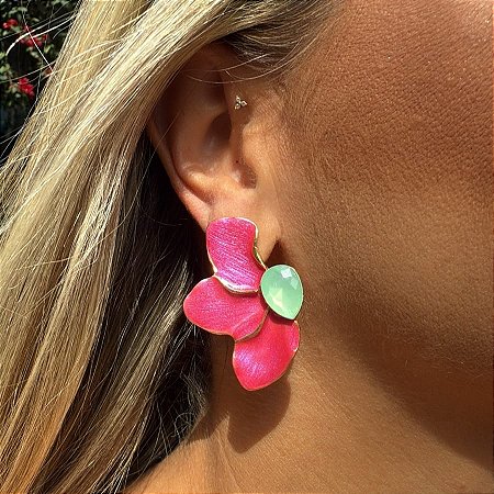 BRINCO FLOR LATERAL ROSA COM PEROLA VERDE