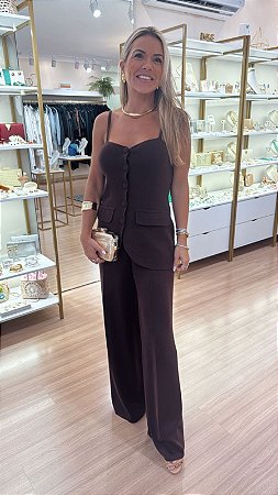 CONJUNTO TRICOT ALÇA/BOTOES/BOLSO FALSO CALÇA MARROM