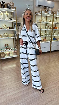 CONJUNTO TRICOT KIMONO E CALÇA LISTRADO PRETO