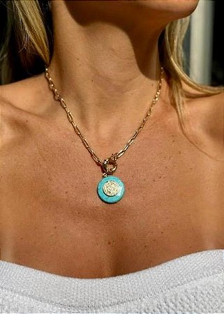 COLAR CORRENTE ELOS PINGENTE SÃO BENTO NANO TURQUESA