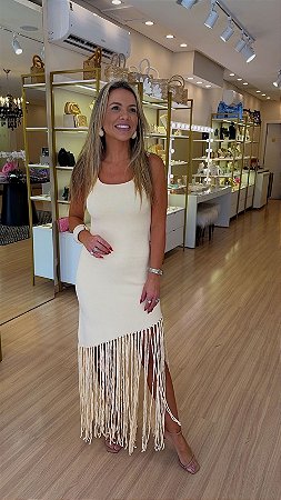 VESTIDO TRICOT ALÇA MODAL FRANJA AMARELO
