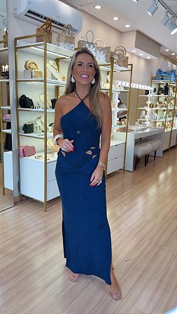 VESTIDO TRICOT FLOR ARGOLA AZUL MARINHO