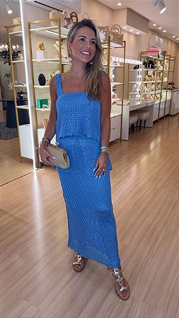 CONJUNTO CROPPED E SAIA BABADO QUADRIL AZUL