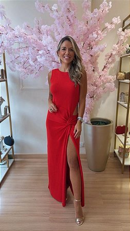 VESTIDO TRICOT NÓ COM ABERTURA LATERAL VERMELHO