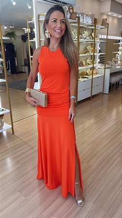 VESTIDO DRAPEADO LATERAL E FENDA LARANJA