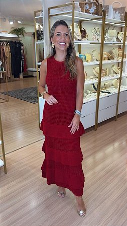 VESTIDO TRICOT REGATA TRAMADO COM BABADO VERMELHO