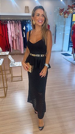 VESTIDO TRICOT PEPLUM PRETO