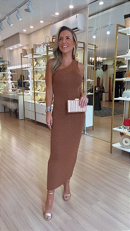 VESTIDO TRICOT OMBRO SÓ MODAL LUREX OURO