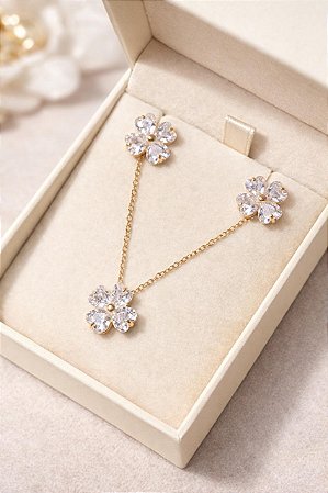 CONJUNTO TREVO GRANDE DOURADO CRISTAL