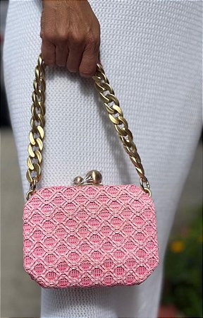 CLUTCH PALHA TELA ALÇA CORRENTE ROSA