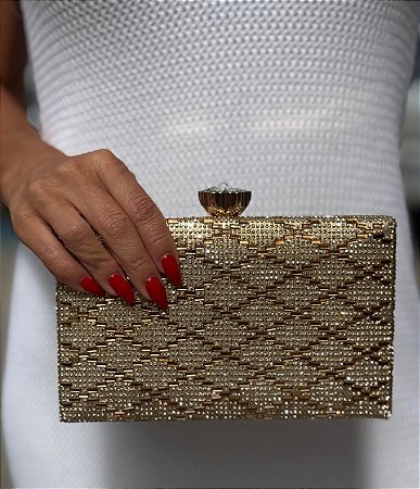CLUTCH QUADRADA FECHO FLOR DOURADA