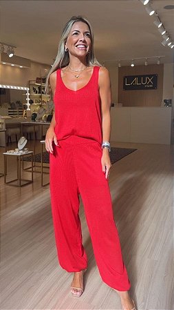 CONJUNTO TRICOT BLUSA E CALÇA PUNHO VERMELHO