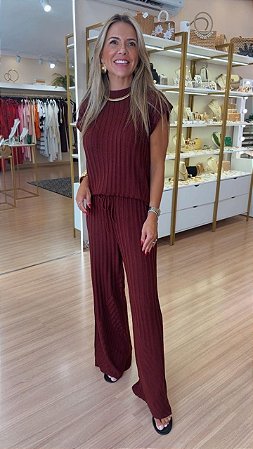 CONJUNTO TRICOT BLUSA SEM MANGA CANELADO MARSALA