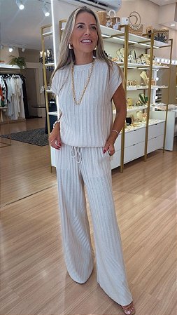CONJUNTO TRICOT BLUSA SEM MANGA CANELADO AREIA