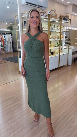 VESTIDO TRICOT DECOTE CRUZADO FRENTE VERDE