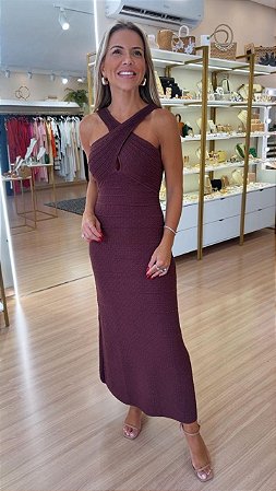 VESTIDO TRICOT DECOTE CRUZADO FRENTE MARROM