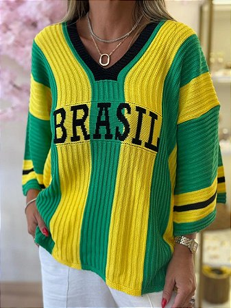 BLUSA BRASIL GOLA V LISTRADA AMARELA PRETO