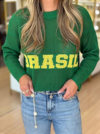 BLUSA TRICOT BRASIL VAZADA MANGA VERDE