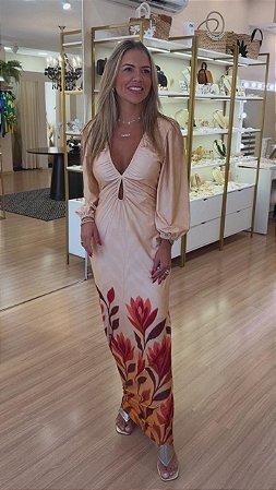 VESTIDO MANGA DECOTE FRONTAL FOLHA DOURADO