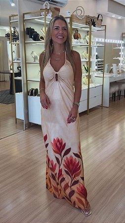 VESTIDO FRENTE UNICA DECOTE FRONTAL FOLHA DOURADO