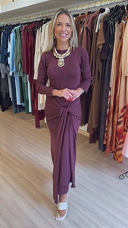 VESTIDO MANGA AMARRAÇÃO FRONTAL MARSALA