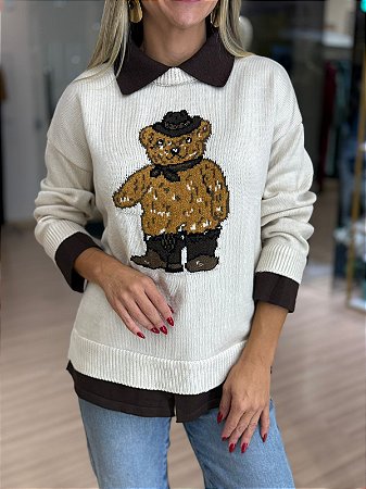 BLUSA TRICOT URSO SOBREPOSIÇÃO OFF WHITE