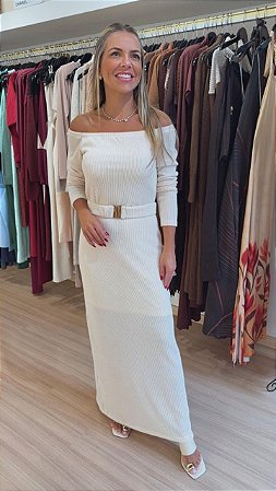 VESTIDO OMBRO A OMBRO CANELADO AREIA