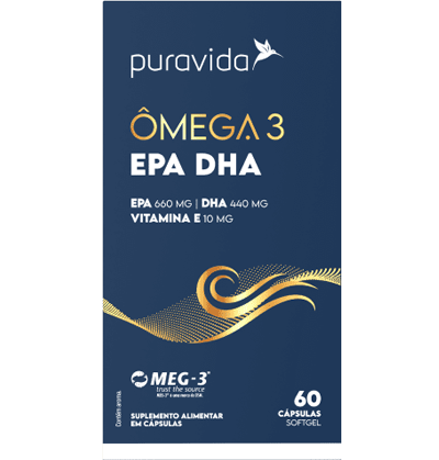 Ômega 3 EPA DHA e Vit E - Selo Meg-3 - 60 cápsulas - PURAVIDA