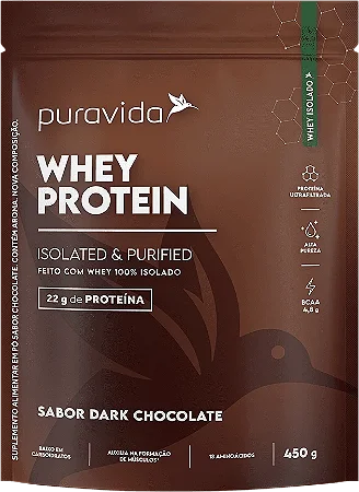 Whey Protein - 100% Isolado - Sabor Chocolate- 450g - Puravida