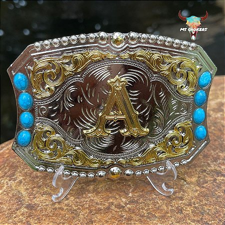Fivela Personalizada Inicial - Prata com Dourado e Turquesa