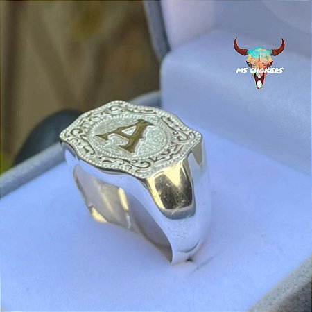 Anel de Fivela M Country Personalizado com Inicial - Prata 925 e Banhado a Ouro