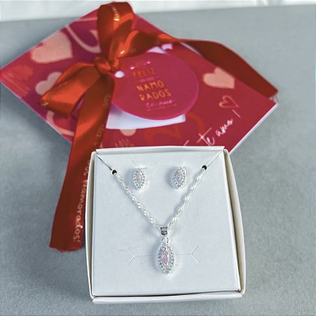 Colar e brinco cravejado com zircônia rose