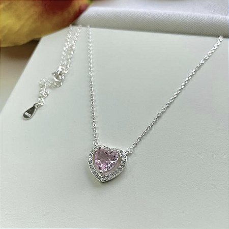 Gargantilha coração rosa cravejado