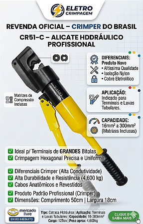 ALICATE HIDRÁULICO CR51-C – COMPRESSÃO DE TERMINAIS 16 A 300 mm² – CRIMPER