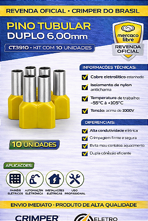 Terminal Ilhós Duplo Tubular 6,0mm² CT3910 Nylon – 20un Crimper