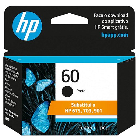 Cartucho de Tinta HP 60  Preto Original | HP Deskjet F4224, HP Deskjet F4480, HP Deskjet F4580, HP Deskjet D1660, HP Photosmart - D110a, HP ENVY 100 D410a, HP Photosmart C4780. |