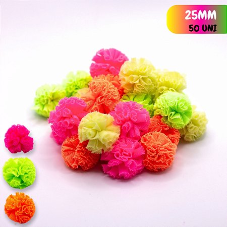 50 Peças Pompom de Malha Neon 25mm Cores Neon Carnaval Tule
