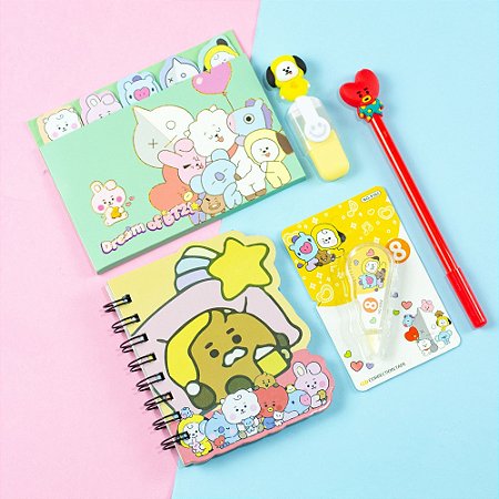 Kit Papelaria Fofa Kawai bts Material Escolar 5 Peças
