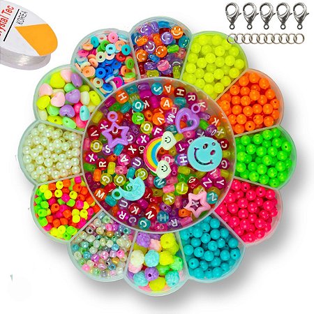 Kit de Miçangas Infantil Para Pulseira e Colar + Fio e Fecho