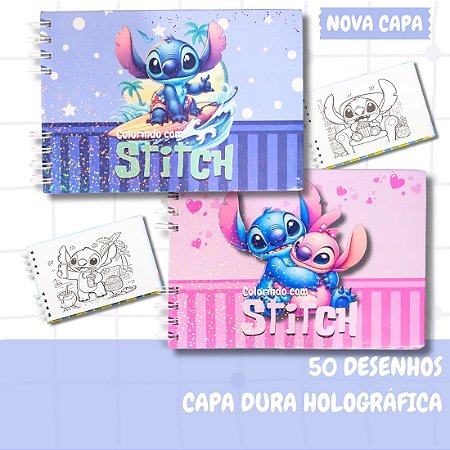 Livro de Colorir Stitch 50 Desenhos Capa Dura Holográfica Folha Grossa