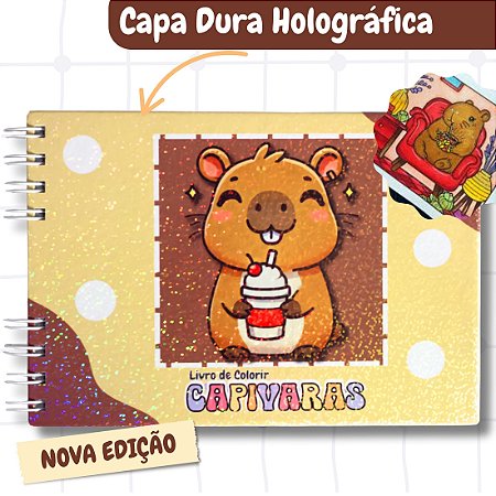 Livro de Colorir Capivara Fofa 50 Páginas Folha de 180g Capa Dura Holográfica Capibara