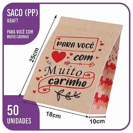 Saco Kraft PP 18x10x25 Com Muito Carinho (MC) - 50 Unidades