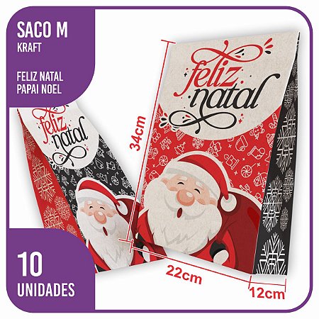 Saco Kraft Natal Papai Noel (02) 10 Unidades - 22x12x34 M