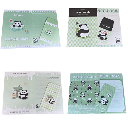Kit 6 Papéis de Carta e 3 Envelopes de Panda