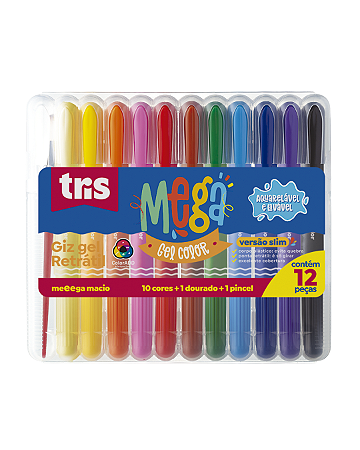 Giz Retrátil Slim Mega Gel Color – 10 Cores Regulares + Dourado + 1 Pincel