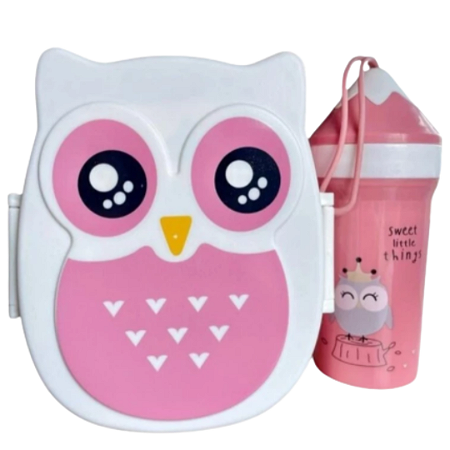 Kit Marmita Coruja com Garrafa Garfo Colher e Adesivos